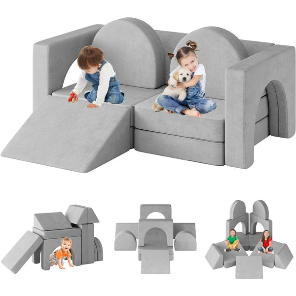 Linor 10PCS Modular Kids Play Couch, Kids Couch with Climbing Slope, Toddler Couch for Playing, Creating, Sleeping, Indoor Kids Sofa for Boys and Girls, Gray