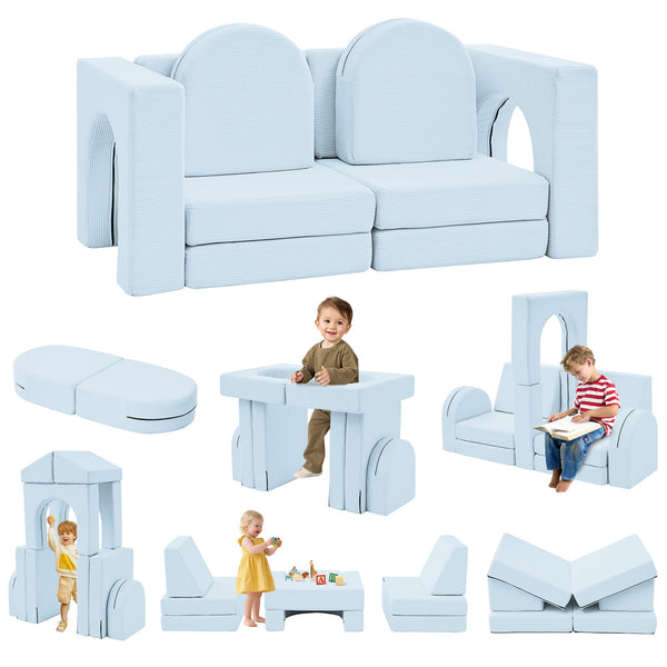 Linor 10PCS Modular Kids Play Couch, Kids Couch with Climbing Slope, Toddler Couch for Playing, Creating, Sleeping, Indoor Kids Sofa for Boys and Girls, Light Blue