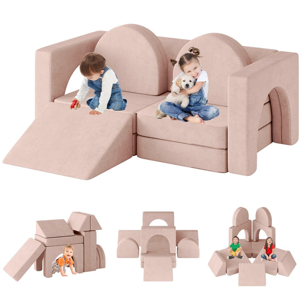 Linor 10PCS Modular Kids Play Couch, Kids Couch with Climbing Slope, Toddler Couch for Playing, Creating, Sleeping, Indoor Kids Sofa for Boys and Girls, Pink