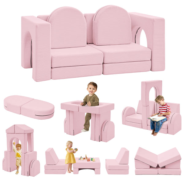 Linor 10PCS Modular Kids Play Couch, Kids Couch with Climbing Slope, Toddler Couch for Playing, Creating, Sleeping, Indoor Kids Sofa for Boys and Girls, Pink
