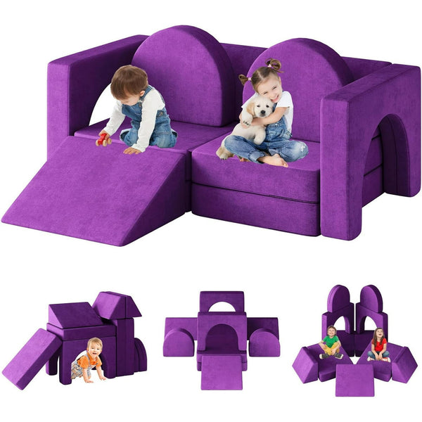 Linor 10PCS Modular Kids Play Couch, Kids Couch with Climbing Slope, Toddler Couch for Playing, Creating, Sleeping, Indoor Kids Sofa for Boys and Girls, Purple