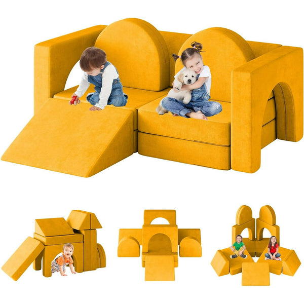 Linor 10PCS Modular Kids Play Couch, Kids Couch with Climbing Slope, Toddler Couch for Playing, Creating, Sleeping, Indoor Kids Sofa for Boys and Girls, Yellow