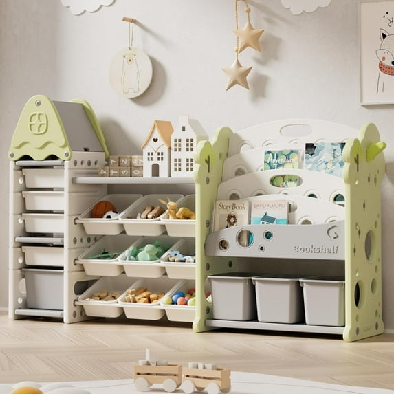 Linor 4-Tier Large Toddler Castle-Themed Stackable Toy Storage Organizer, 17-Count, Green