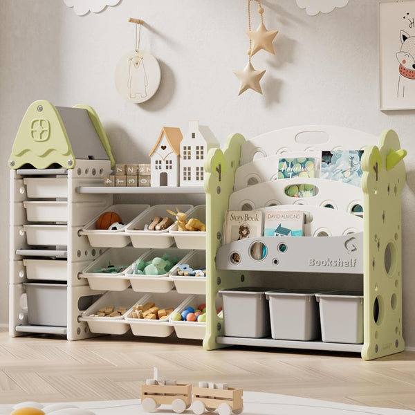 Linor 4-Tier Large Toddler Castle-Themed Stackable Toy Storage Organizer, 17-Count, Green
