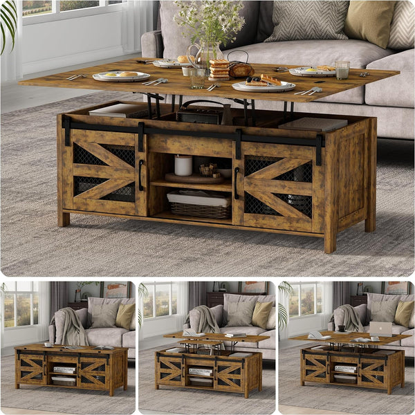 Linor 47.2" Lift Top Coffee Table, 4 in 1 Farmhouse Coffee Tables with Sliding Barn Door, Gray