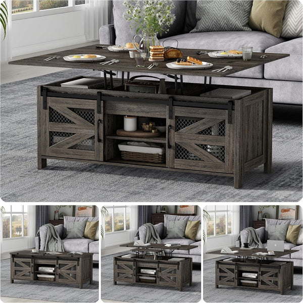 Linor 47.2" Lift Top Coffee Table, 4 in 1 Farmhouse Coffee Tables with Sliding Barn Door, Gray