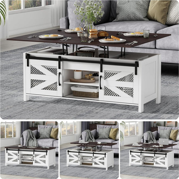 Linor 47.2" Lift Top Coffee Table, 4 in 1 Farmhouse Coffee Tables with Sliding Barn Door, Gray
