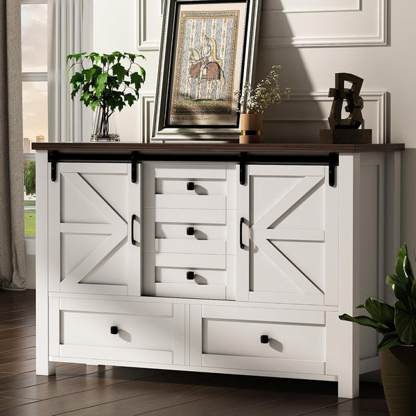 Linor 48" Farmhouse Dresser with 5 Drawers, 4 Shelves, 2 Sliding Barn Doors, Farmhouse Chests of Drawers for Bedroom, 5 Drawer Dresser TV Stand for Living Room, Antique White
