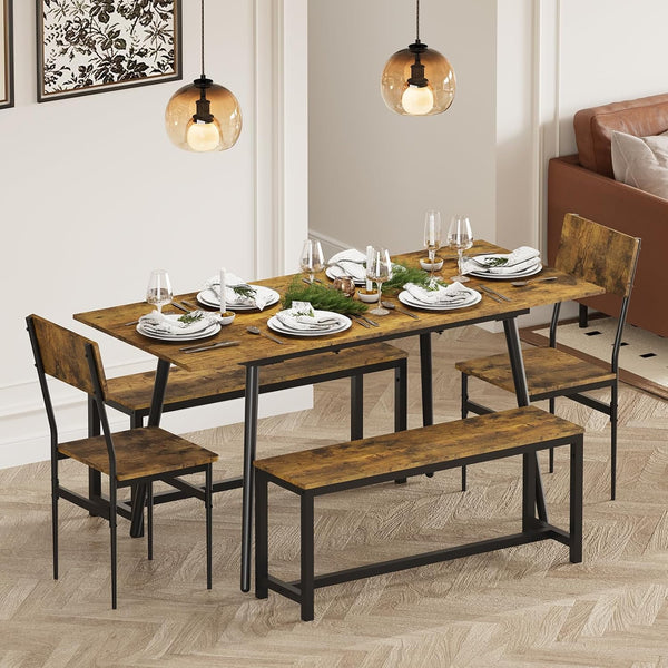 Linor 63" Extendable Dining Table Set for 4-6, 5-Piece Kitchen Table Set with 2 Chairs and 2 Benches, Dining Desk and Chairs for Home, Apartment, Rustic Brown