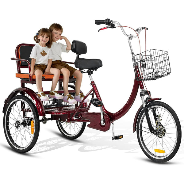 Linor Adult Tricycle with Rear Seats, 20" 3-Wheel, Front and Rear Baskets, Trike for Seniors, Red