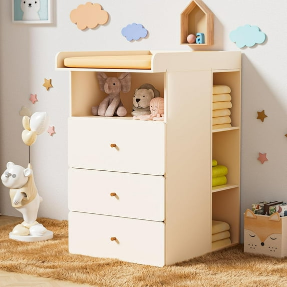 Linor Baby Changing Table Dresser - Nursery Dresser with Removable Changing Pad, Safety Straps & 3 Storage Drawers, Sturdy Baby Furniture for Newborns, Space-Saving Nude Pink Changing Station