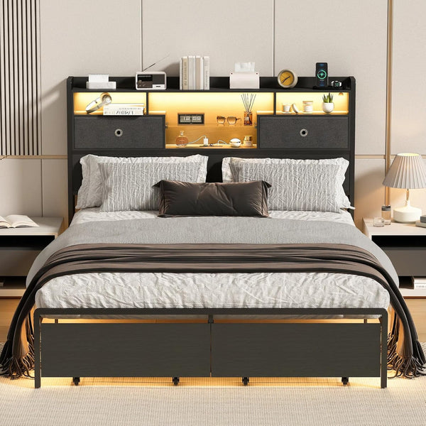 Linor Full Size Bed Frame with Drawer, Bed Frame Full Size with 3-Tier Storage Headboard, 2 Storage Baskets, LED, Charging Station, Heavy Duty Metal Slats, No Box Spring Needed