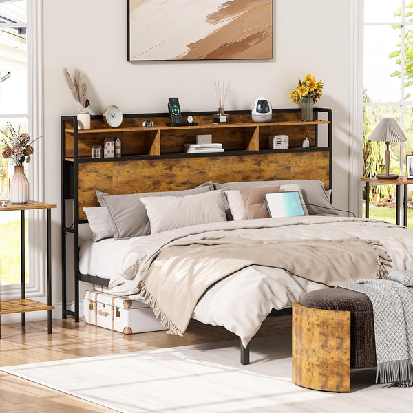 Linor King Size 2 Tier Storage Headboard, Modern Headboard with 4 Outlets, 4 USB Ports, and LED Light, Brown