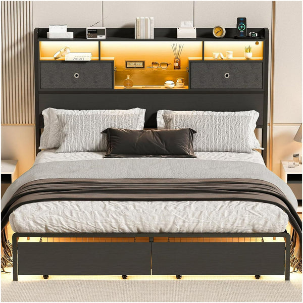 Linor King Size Bed Frame with Drawer, Bed Frame King Size with 3-Tier Storage Headboard, 2 Storage Baskets, LED, Charging Station, Heavy Duty Metal Slats, No Box Spring Needed