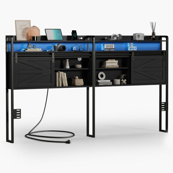 Linor Queen Size Headboard, 3 Tier Storage Headboard with Sliding Barn Doors, Outlets, USB Ports, LED Light, Width Adjustable for Queen Size Beds, Rustic Black