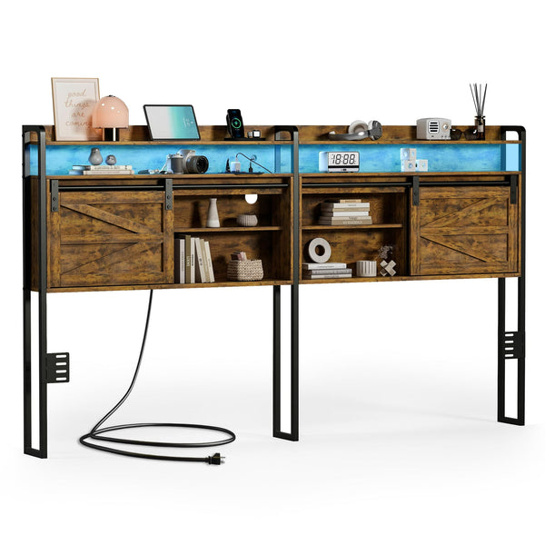 Linor Queen Size Headboard, 3 Tier Storage Headboard with Sliding Barn Doors, Outlets, USB Ports, LED Light, Width Adjustable for Queen Size Beds, Rustic Black