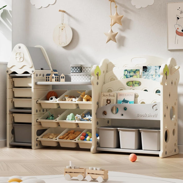 Linor Large Toddler Toy Chests with 17 Bins, Castle-Themed Storage, Beige, 17 Count