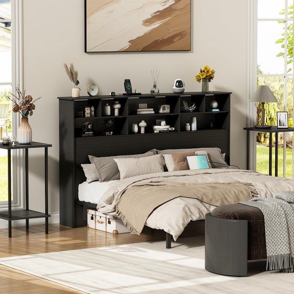 Linor Modern 2 Tier Wood Bookcase Headboard for Queen Size Beds, Black