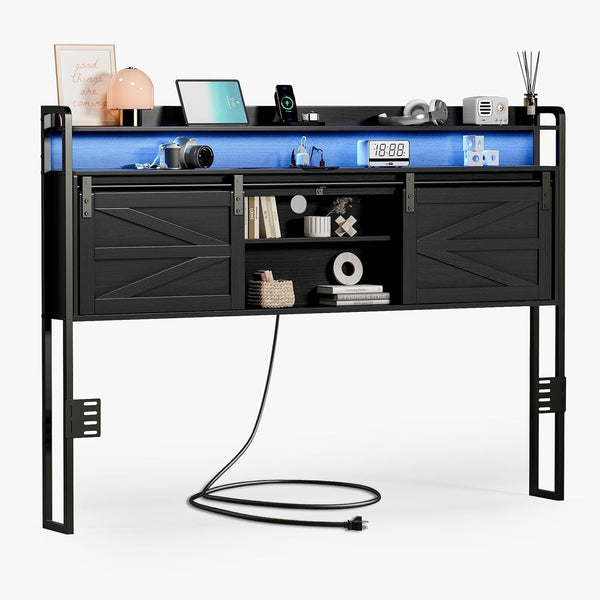 Linor Queen Size Headboard, 3 Tier Storage Headboard with Sliding Barn Doors, Outlets, USB Ports, LED Light, Width Adjustable for Queen Size Beds, Rustic Black