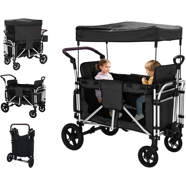 Linor Stroller Wagon for 2 Kids, Wagon Cart Featuring 2 High Seat with 5-Point Harnesses and Adjustable Canopy, Foldable Push-Pull Rod Wagon Stroller for Garden, Stroller, Camping, Grocery Cart