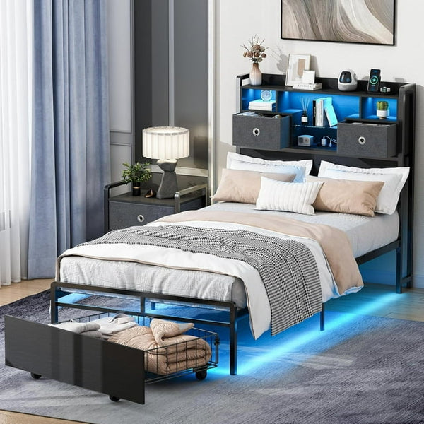 Linor Twin Size Bed Frame with Drawer, Bed Frame Twin Size with 3-Tier Storage Headboard, 2 Storage Baskets, LED, Charging Station, Heavy Duty Metal Slats, No Box Spring Needed