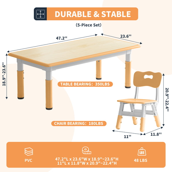 Height-Adjustable Kids Arts & Crafts Rectangular Table and 4 Chairs Set for Home, Playroom