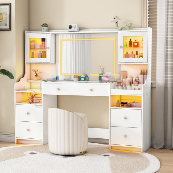 Makeup Vanity Desk with LED Lights and Mirror, Akaber 62" Large White Vanity with Power Outlet, 3 Lighting Modes, 4 Drawers & 2 Cabinets, Glass Top Vanity Table for Women Girls