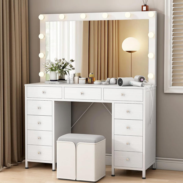 Makeup Vanity with Mirror and Lights, Akaber White Vanity Desk with Power Outlet, 14 LED Bulbs, 3 Modes, 11 Drawers, Jewelry Storage, Cloth Drawer for Bedroom
