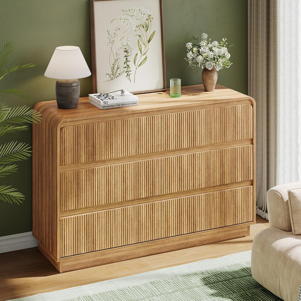 Modern 6 Drawer Tall Dresser for Bedroom, Wanan Fluted Handleless Wooden Chest of Drawers, 48" Wide TV Stand Storage Organizer for Living Room