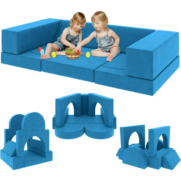 Modular Kids Play Couch, Wanan 9PCS Kids Couch for Playroom Bedroom, Multifunctional Kids Sofa for Playing, Creativing, Sleeping, Indoor Toddler Couch for Boys and Girls (Blue)