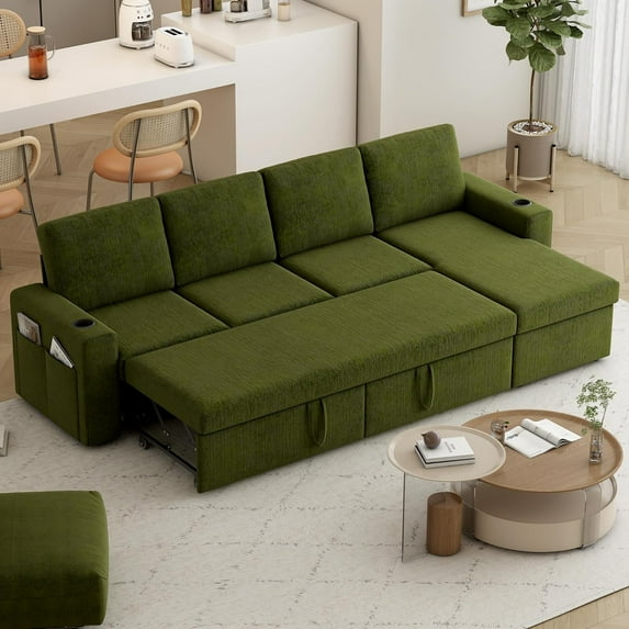 Pipleo 103" L-Shaped Sectional Sleeper Sofa Bed with Storage Chaise, Reversible 2-in-1 Design, Quick Tool-Free Assembly, Cup Holders & Side Pockets, Chenille