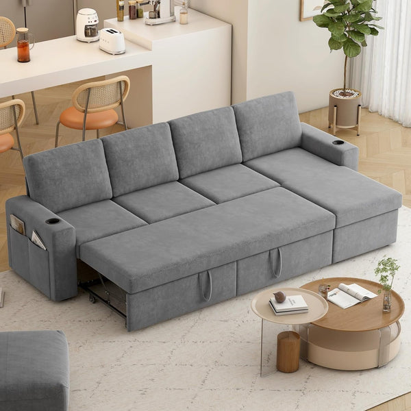 Pipleo 103" L-Shaped Sectional Sleeper Sofa Bed with Storage Chaise, Reversible 2-in-1 Design, Quick Tool-Free Assembly, Cup Holders & Side Pockets, Wool Blend