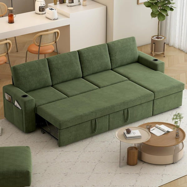 Pipleo 103" L-Shaped Sectional Sleeper Sofa Bed with Storage Chaise, Reversible 2-in-1 Design, Quick Tool-Free Assembly, Cup Holders & Side Pockets, Wool Blend