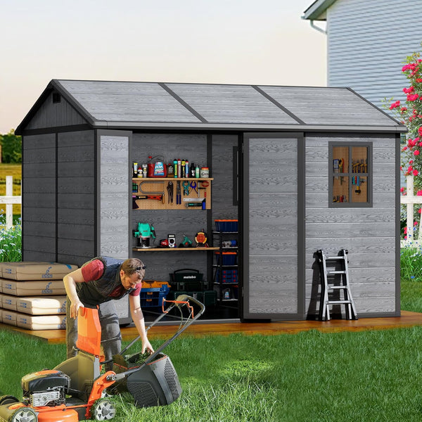 Pipleo 10x8 FT Resin Outdoor Storage Shed with Floor, Weather-Resistant Plastic Garden Shed with Windows, Lockable Door and Vents, Outside Tool Storage Sheds for Backyard, Garden, Patio, Lawn