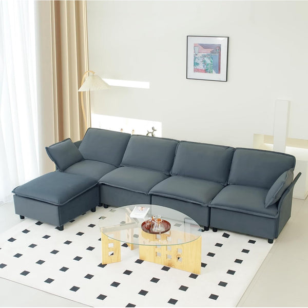 Pipleo 130" L-Shaped Cloud Sectional Sofa, Velvet Convertible Sofa Bed and Storage, Sectional Sofas