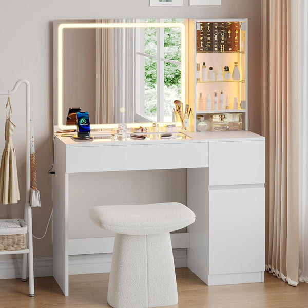 Pipleo 41" White Makeup Vanity Desk with Lighted Mirror & Power Outlet, 3 Lighting Modes, Glass Top, LED Glass Storage Cabinet & Jewelry Organize