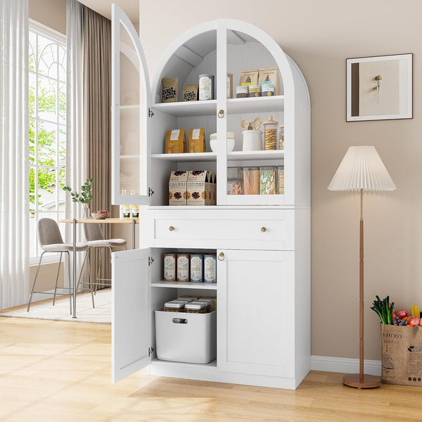 Pipleo 71" Tall Arched Kitchen Pantry Cabinet with Glass Doors, Modern Kitchen Storage Cabinets with Adjustable Shelves and Drawer, Wooden Storage Pantry Cabinet for Living Room, Dining Room