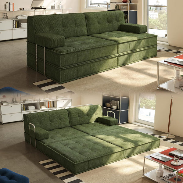 Pipleo 82" Convertible Sofa Bed with Lounger, Fixed-Shape Frame & Corduroy Upholstery – Includes 2 Pillows, Oversized Sleeper Sectional for Living Room