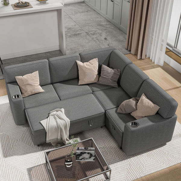 Pipleo Convertible Modular Sectional Sleeper Sofa with Pull Out Bed, L Shaped Couch 5-Seat Sofas with Storage, Sleeper Sectional Couch for Living Room, Small Apartment