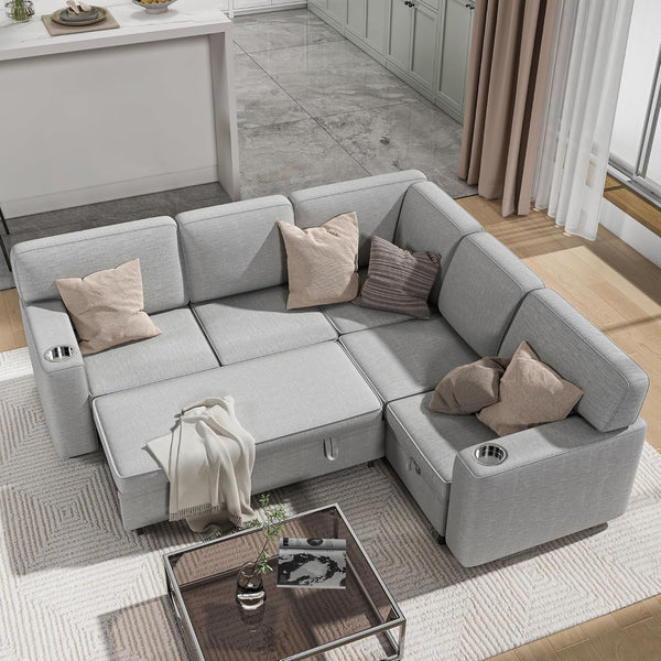 Pipleo Convertible Modular Sectional Sleeper Sofa with Pull Out Bed, L Shaped Couch 5-Seat Sofas with Storage, Sleeper Sectional Couch for Living Room, Small Apartment