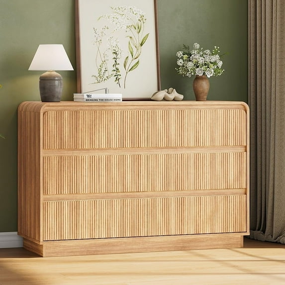 Pipleo 48" Fluted 6 Drawer Dresser, Curved Design for Bedroom/Living Room