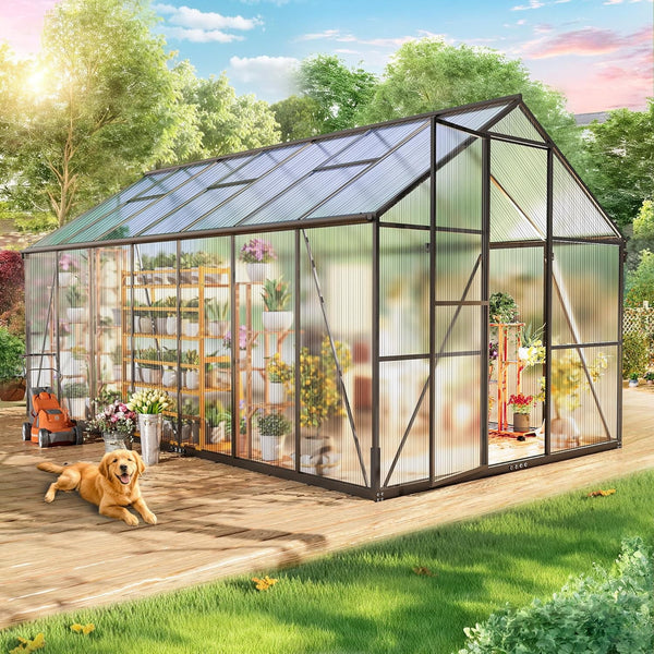 Pipleo Greenhouse for Outdoors，8x14 FT Polycarbonate Green House Walk-in，Greenhouse with 4 Adjustable Roof Vents & Sliding Doors for Garden