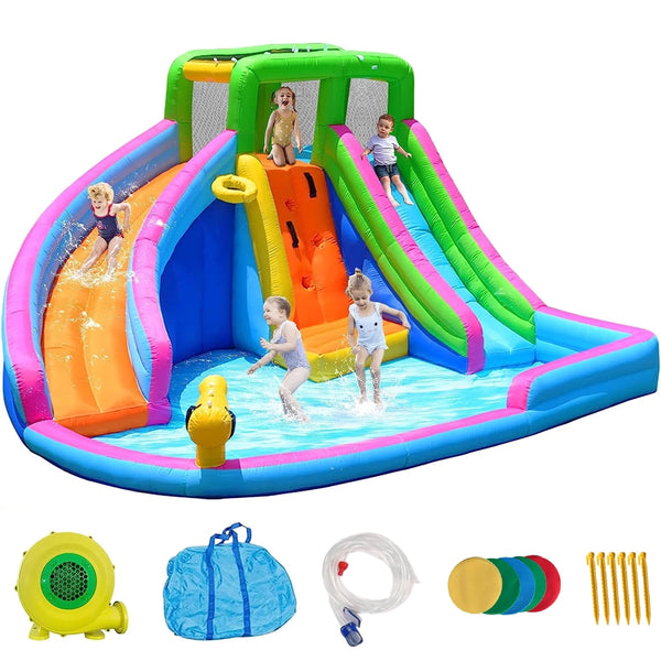 Pipleo Inflatable Water Slide, 8-in-1 Water Park with Large Dual Slide, Deep Splash Pool, Climbing Wall, Basketball Hoop for Kids, Air Blower Included