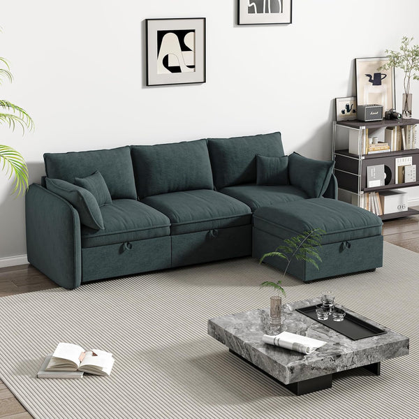 Pipleo Sectional Sofas Home, 107" L Shaped, Solid Print, Wood, Multifunctional Sectional Sofas