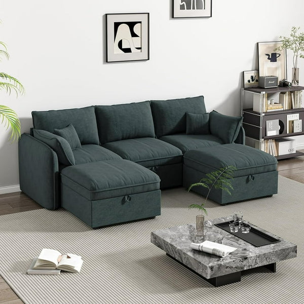 Pipleo Sectional Sofas Home 107" U Shaped Solid Print Wood Multifunctional Sectional Sofas