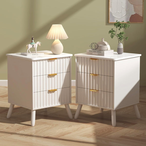 Pipleo Set of 2 Fluted Nightstands with 3 Drawers & Faux-Marble Tops, Wooden Bedside Tables with Metal Handles, End Tables for Bedroom