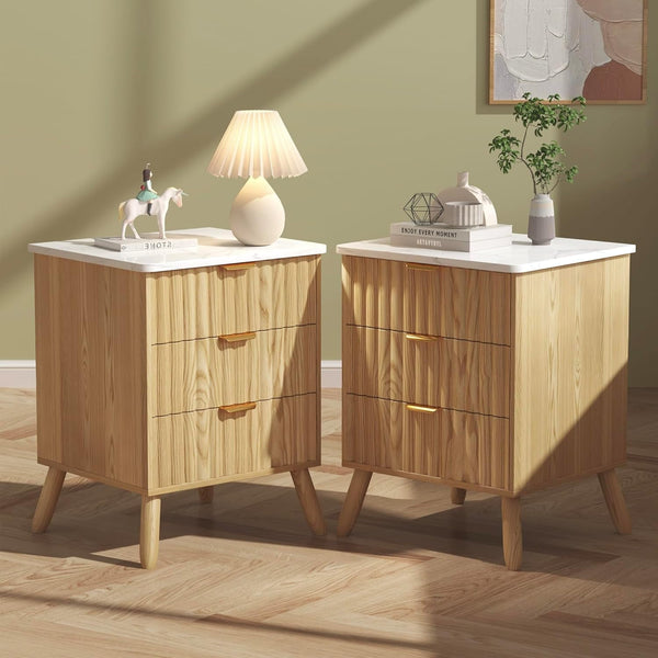 Pipleo Set of 2 Fluted Nightstands with 3 Drawers & Faux-Marble Tops, Wooden Bedside Tables with Metal Handles, End Tables for Bedroom