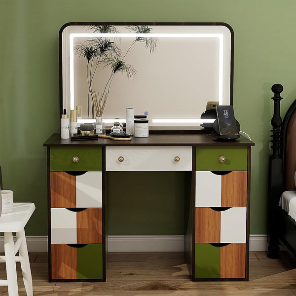 Pipleo Vanity Desk with Mirror and Lights, Makeup Vanity with 3 Adjustable LED Lights & Power Outlet, White Dressing Table with 7 Drawers