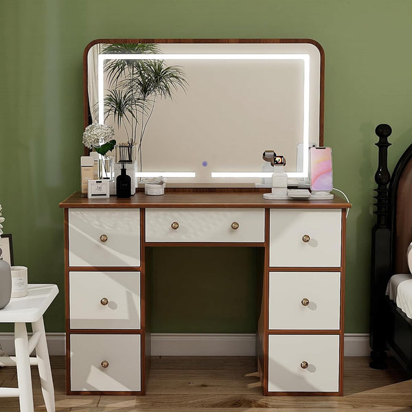 Pipleo Vanity Desk with Mirror and Lights, Makeup Vanity with 3 Adjustable LED Lights & Power Outlet, White Dressing Table with 7 Drawers