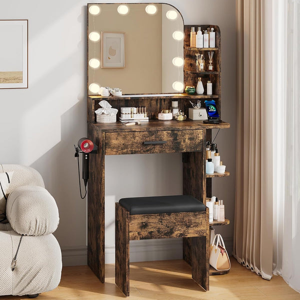 Pipleo Vanity Set with Mirror and Lights, 26.4" Small Vanity with Stool and Charging Station, Makeup Vanity Desk, 3 Color Lighting Modes